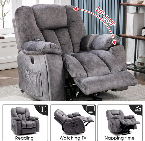 Power Lift Electric Recliner Chair with Heat and Vibration, Lounger Chair with USB Ports and Side Pockets, for Elderly, 100x95x105 cm, Grey Aosom.UK