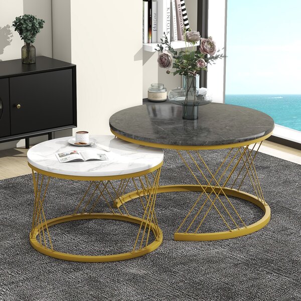 Set of 2 Modern Nesting Marble Coffee Tables with Metal Frame, Round Side Tables for Living Room, Bedroom, Study, 70x70x45 cm, Grey Aosom.UK