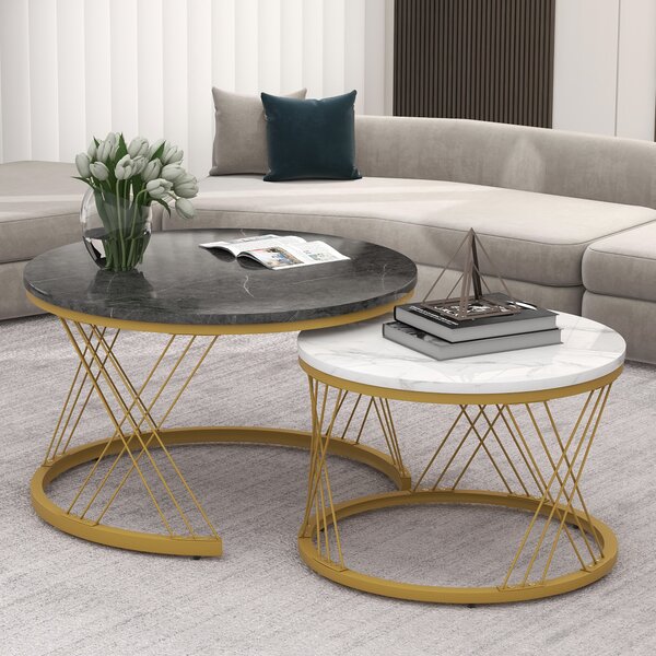Set of 2 Modern Nesting Marble Coffee Tables with Metal Frame, Round Side Tables for Living Room, Bedroom, Study, 70x70x45 cm, Grey Aosom.UK