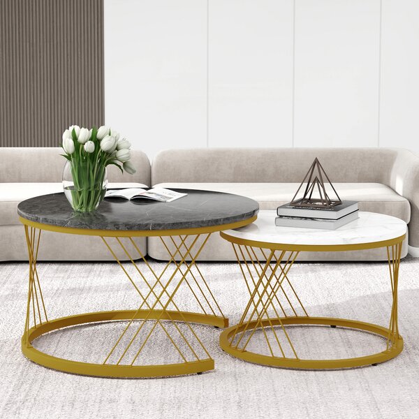 Set of 2 Modern Nesting Marble Coffee Tables with Metal Frame, Round Side Tables for Living Room, Bedroom, Study, 70x70x45 cm, Grey Aosom.UK