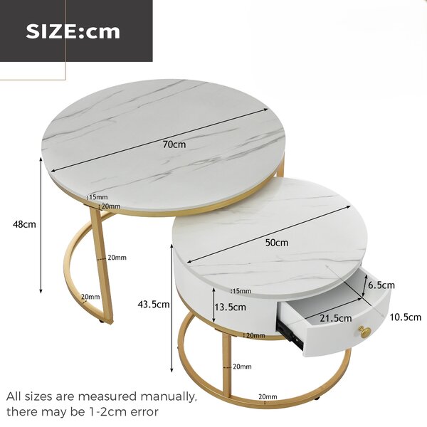 Round Nesting Coffee Tables with Drawer, Set of 2 with Storage, Gold Metal Frame and Marble Pattern Top for Living Room and Office, White Aosom UK