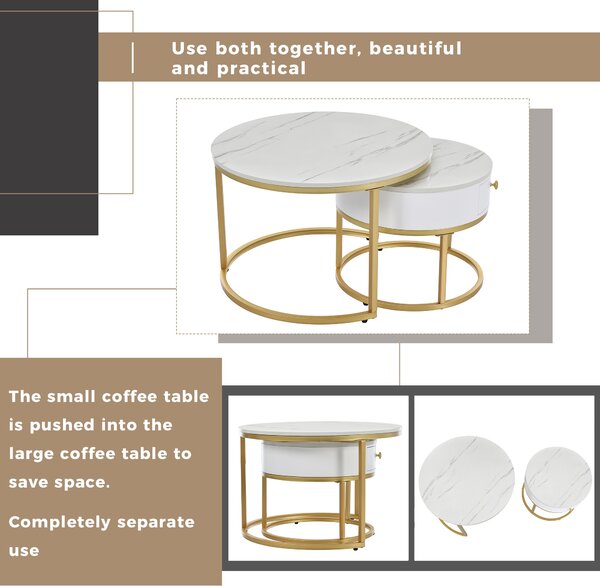 Round Nesting Coffee Tables with Drawer, Set of 2 with Storage, Gold Metal Frame and Marble Pattern Top for Living Room and Office, White Aosom UK