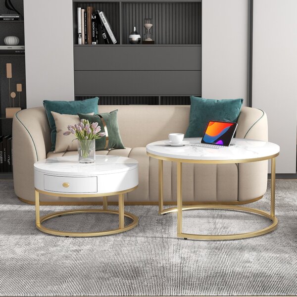 Round Nesting Coffee Tables with Drawer, Set of 2 with Storage, Gold Metal Frame and Marble Pattern Top for Living Room and Office, White Aosom UK