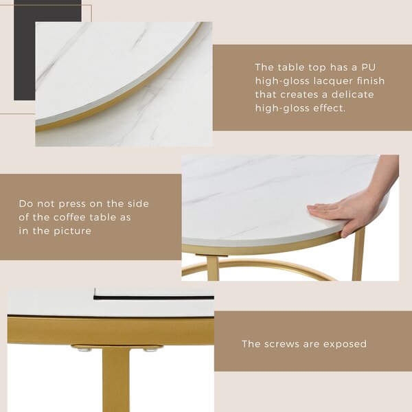 Round Nesting Coffee Tables with Drawer, Set of 2 with Storage, Gold Metal Frame and Marble Pattern Top for Living Room and Office, White Aosom UK