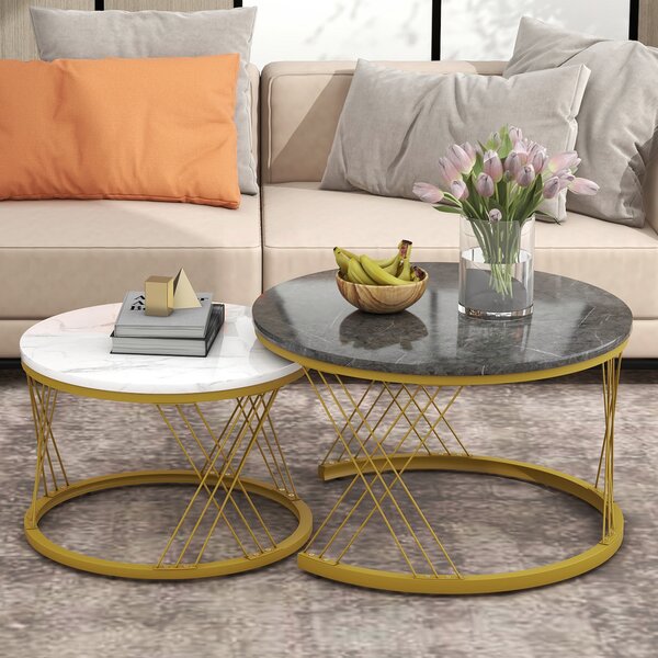 Set of 2 Modern Nesting Marble Coffee Tables with Metal Frame, Round Side Tables for Living Room, Bedroom, Study, 70x70x45 cm, Grey Aosom.UK