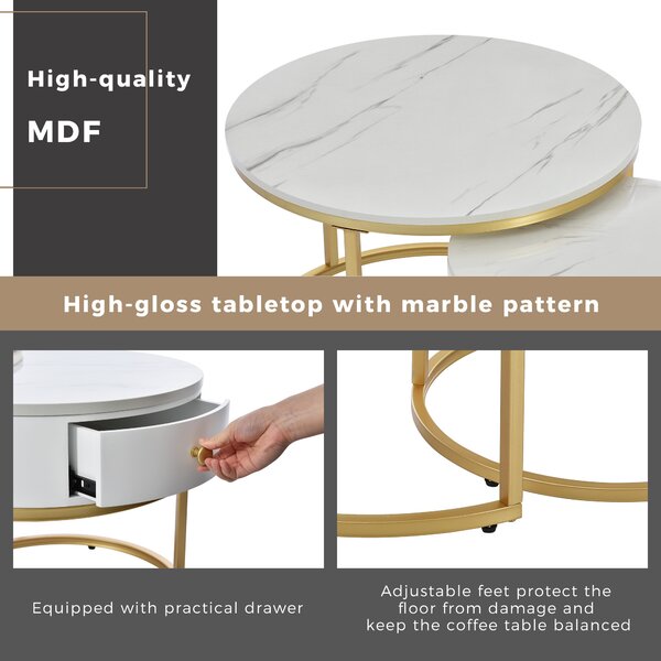 Round Nesting Coffee Tables with Drawer, Set of 2 with Storage, Gold Metal Frame and Marble Pattern Top for Living Room and Office, White Aosom UK