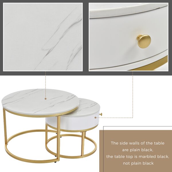 Round Nesting Coffee Tables with Drawer, Set of 2 with Storage, Gold Metal Frame and Marble Pattern Top for Living Room and Office, White Aosom UK