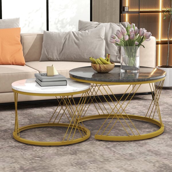 Set of 2 Modern Nesting Marble Coffee Tables with Metal Frame, Round Side Tables for Living Room, Bedroom, Study, 70x70x45 cm, Grey Aosom.UK