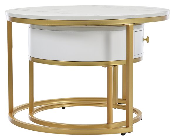 Round Nesting Coffee Tables with Drawer, Set of 2 with Storage, Gold Metal Frame and Marble Pattern Top for Living Room and Office, White Aosom UK