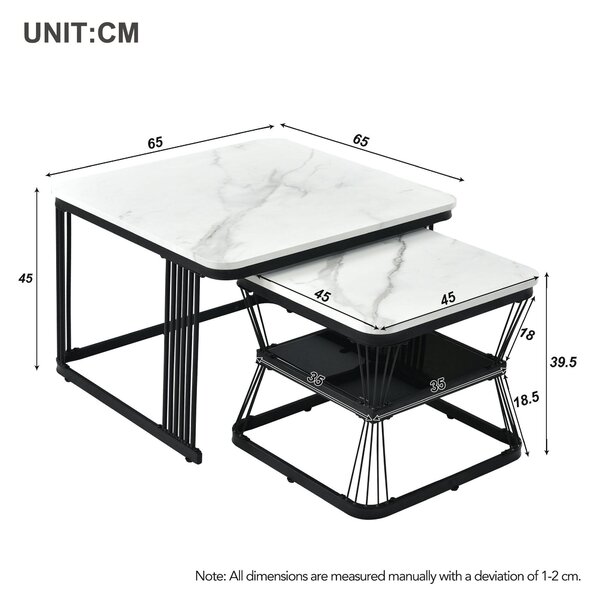 2 Piece Multi-functional Coffee Tables with Metal Frame, Marble Pattern Top, Square End Tables for Living Room, 65L x 65W x 45H cm, White Aosom.UK