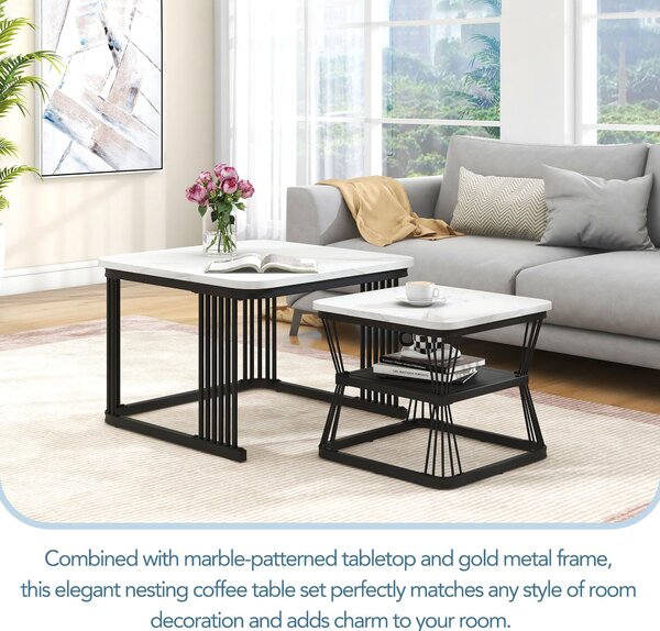 2 Piece Multi-functional Coffee Tables with Metal Frame, Marble Pattern Top, Square End Tables for Living Room, 65L x 65W x 45H cm, White Aosom.UK