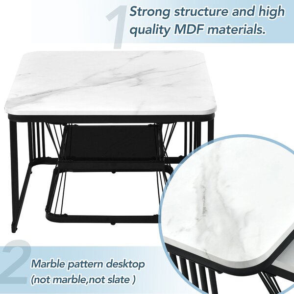 2 Piece Multi-functional Coffee Tables with Metal Frame, Marble Pattern Top, Square End Tables for Living Room, 65L x 65W x 45H cm, White Aosom.UK