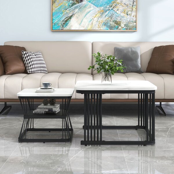2 Piece Multi-functional Coffee Tables with Metal Frame, Marble Pattern Top, Square End Tables for Living Room, 65L x 65W x 45H cm, White Aosom.UK