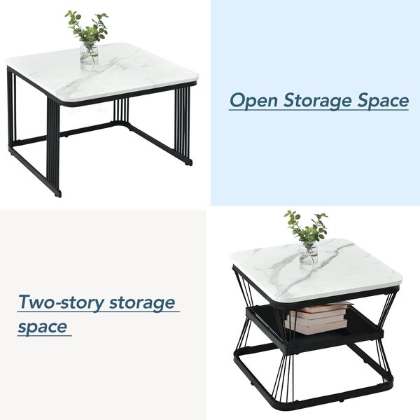 2 Piece Multi-functional Coffee Tables with Metal Frame, Marble Pattern Top, Square End Tables for Living Room, 65L x 65W x 45H cm, White Aosom.UK