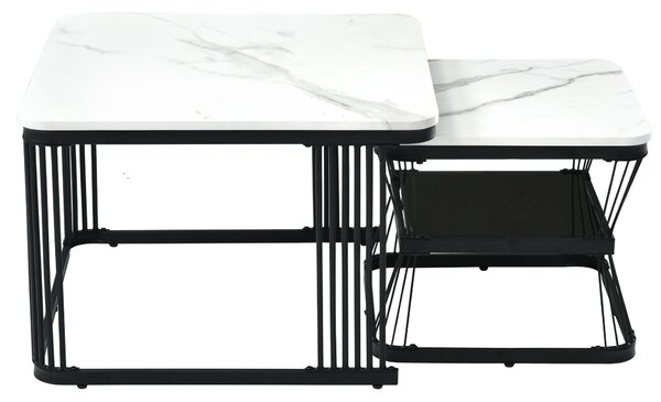 2 Piece Multi-functional Coffee Tables with Metal Frame, Marble Pattern Top, Square End Tables for Living Room, 65L x 65W x 45H cm, White Aosom.UK