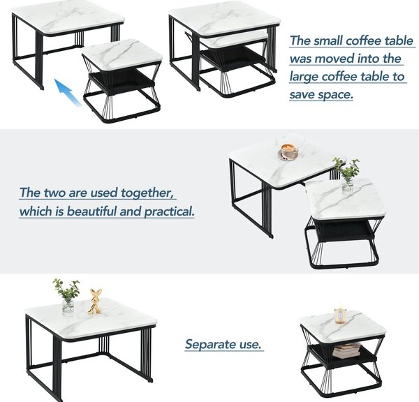 2 Piece Multi-functional Coffee Tables with Metal Frame, Marble Pattern Top, Square End Tables for Living Room, 65L x 65W x 45H cm, White Aosom.UK