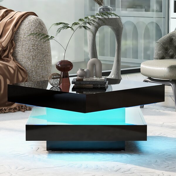 Stylish High Gloss Coffee Table with Rotating Top, 16-Colour LED Light, Lift Top Rectangular Sofa Table for Living Room, 70x70x36 cm, Black Aosom.UK
