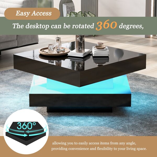 Stylish High Gloss Coffee Table with Rotating Top, 16-Colour LED Light, Lift Top Rectangular Sofa Table for Living Room, 70x70x36 cm, Black Aosom.UK