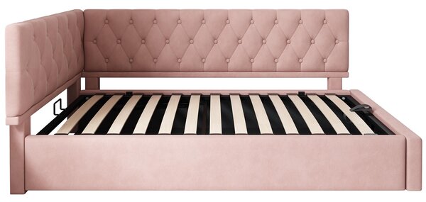 Stylish Upholstered Daybed with Hydraulic Ottoman Storage, L-Shaped Single Sofa Bed with Velvet Fabric, 196L x 100W x 77H cm, Pink Aosom UK