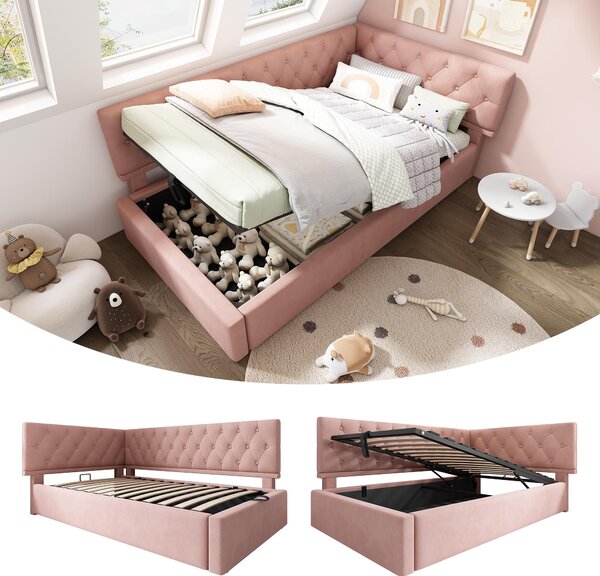 Stylish Upholstered Daybed with Hydraulic Ottoman Storage, L-Shaped Single Sofa Bed with Velvet Fabric, 196L x 100W x 77H cm, Pink Aosom UK