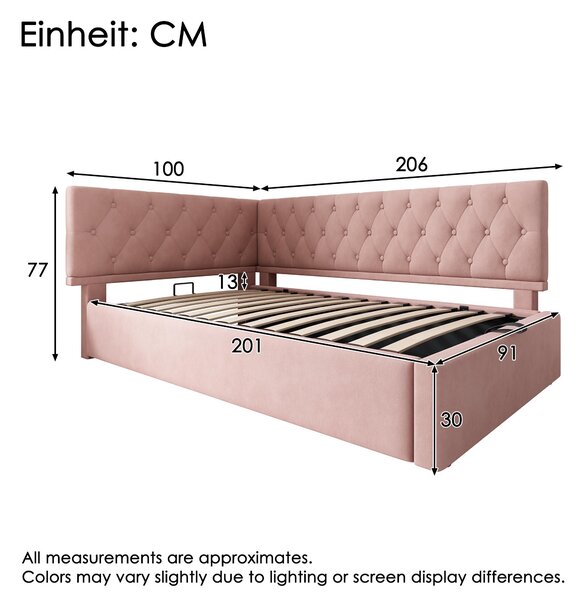 Stylish Upholstered Daybed with Hydraulic Ottoman Storage, L-Shaped Single Sofa Bed with Velvet Fabric, 196L x 100W x 77H cm, Pink Aosom UK