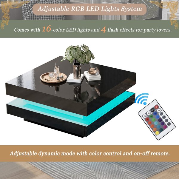 Stylish High Gloss Coffee Table with Rotating Top, 16-Colour LED Light, Lift Top Rectangular Sofa Table for Living Room, 70x70x36 cm, Black Aosom.UK