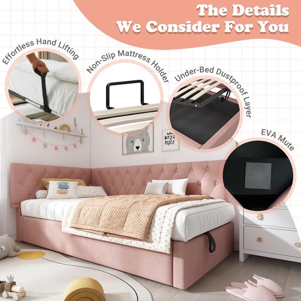 Stylish Upholstered Daybed with Hydraulic Ottoman Storage, L-Shaped Single Sofa Bed with Velvet Fabric, 196L x 100W x 77H cm, Pink Aosom UK