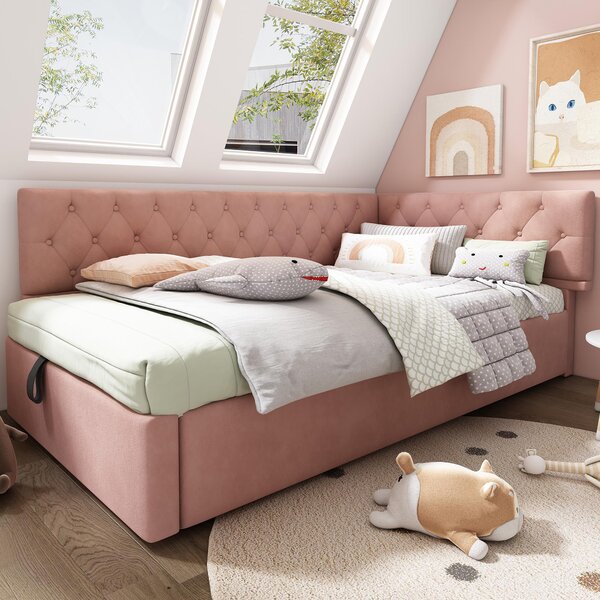 Stylish Upholstered Daybed with Hydraulic Ottoman Storage, L-Shaped Single Sofa Bed with Velvet Fabric, 196L x 100W x 77H cm, Pink Aosom UK