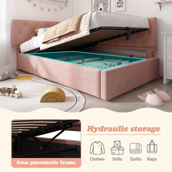 Stylish Upholstered Daybed with Hydraulic Ottoman Storage, L-Shaped Single Sofa Bed with Velvet Fabric, 196L x 100W x 77H cm, Pink Aosom UK