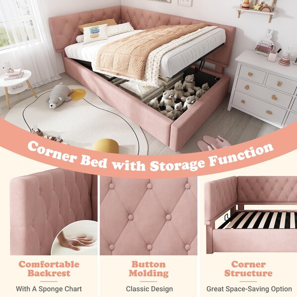 Stylish Upholstered Daybed with Hydraulic Ottoman Storage, L-Shaped Single Sofa Bed with Velvet Fabric, 196L x 100W x 77H cm, Pink Aosom UK