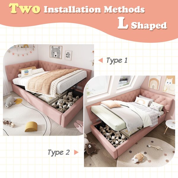 Stylish Upholstered Daybed with Hydraulic Ottoman Storage, L-Shaped Single Sofa Bed with Velvet Fabric, 196L x 100W x 77H cm, Pink Aosom UK
