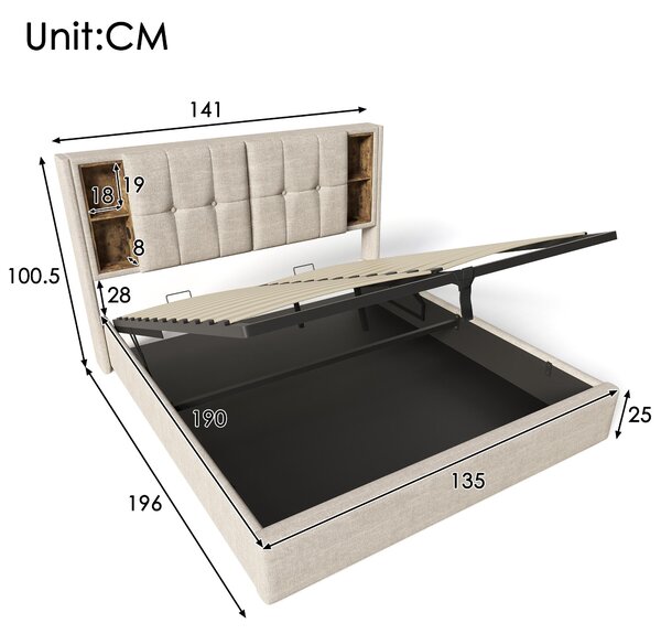 Double Bed Frame with Storage, Wireless Charging, Linen Fabric, Hydraulic Storage Bed Frame, 196L x 141W x 100.5H cm, Natural Aosom UK