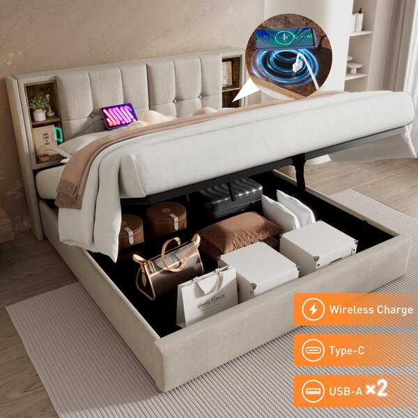 Double Bed Frame with Storage, Wireless Charging, Linen Fabric, Hydraulic Storage Bed Frame, 196L x 141W x 100.5H cm, Natural Aosom UK
