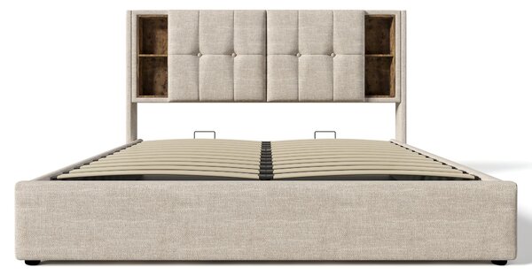 Double Bed Frame with Storage, Wireless Charging, Linen Fabric, Hydraulic Storage Bed Frame, 196L x 141W x 100.5H cm, Natural Aosom UK