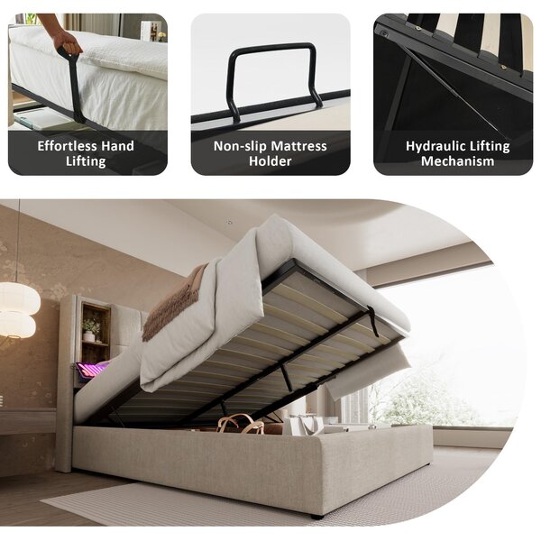 Double Bed Frame with Storage, Wireless Charging, Linen Fabric, Hydraulic Storage Bed Frame, 196L x 141W x 100.5H cm, Natural Aosom UK