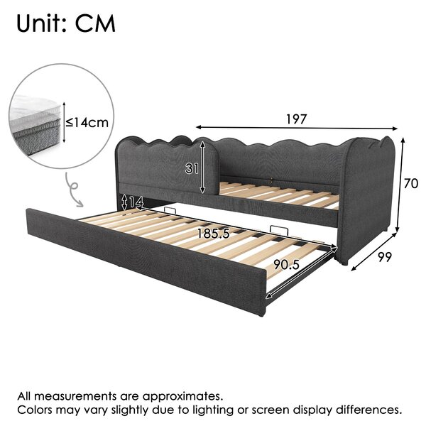 Upholstered Daybed with Pull-Out Trundle & Removable Front Rail, Space-Saving Sofa Bed for Compact Flats, 197L x 99W x 70H cm, Grey Aosom UK