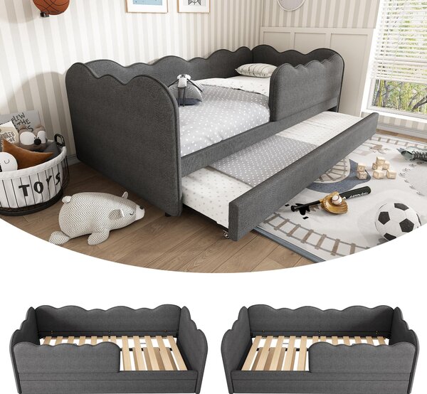 Upholstered Daybed with Pull-Out Trundle & Removable Front Rail, Space-Saving Sofa Bed for Compact Flats, 197L x 99W x 70H cm, Grey Aosom UK