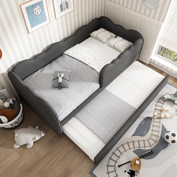 Upholstered Daybed with Pull-Out Trundle & Removable Front Rail, Space-Saving Sofa Bed for Compact Flats, 197L x 99W x 70H cm, Grey Aosom UK