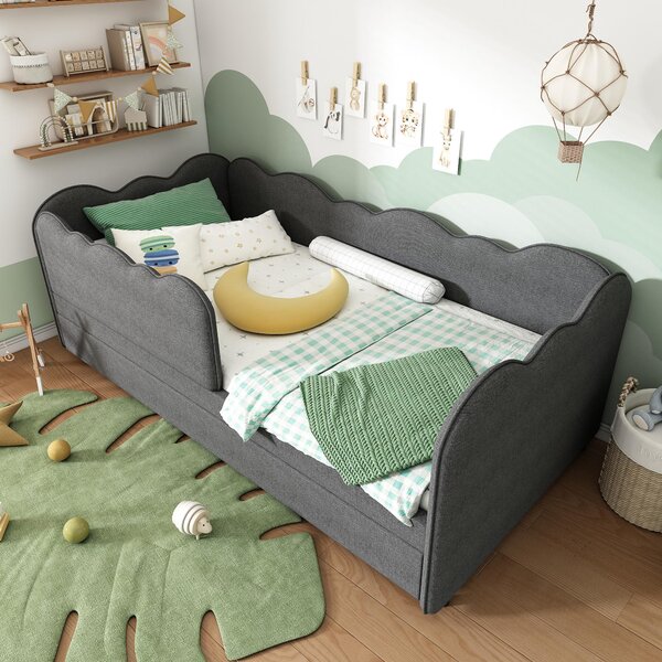 Upholstered Daybed with Pull-Out Trundle & Removable Front Rail, Space-Saving Sofa Bed for Compact Flats, 197L x 99W x 70H cm, Grey Aosom UK