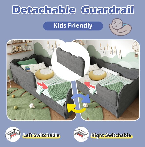 Upholstered Daybed with Pull-Out Trundle & Removable Front Rail, Space-Saving Sofa Bed for Compact Flats, 197L x 99W x 70H cm, Grey Aosom UK