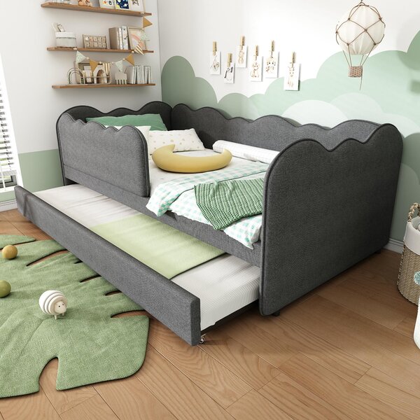 Upholstered Daybed with Pull-Out Trundle & Removable Front Rail, Space-Saving Sofa Bed for Compact Flats, 197L x 99W x 70H cm, Grey Aosom UK