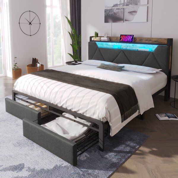 Upholstered Double Bed with Smart LED Lighting, USB Type-C Charging, Bed Frame with Storage Headboard, Drawers, 208L x 137W x 110H cm, Grey Aosom UK