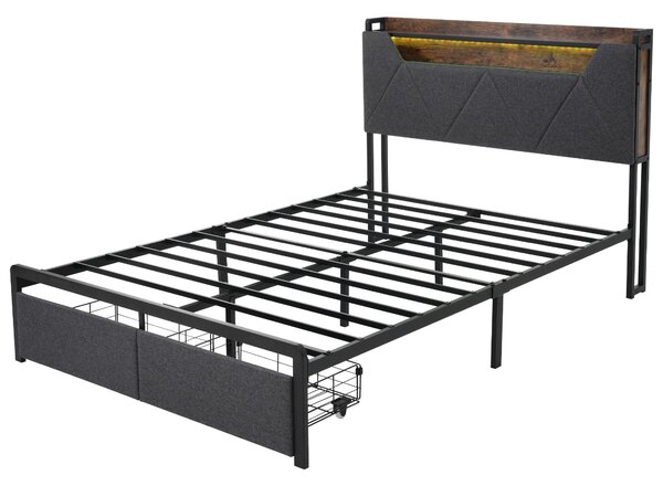 Upholstered Double Bed with Smart LED Lighting, USB Type-C Charging, Bed Frame with Storage Headboard, Drawers, 208L x 137W x 110H cm, Grey Aosom UK