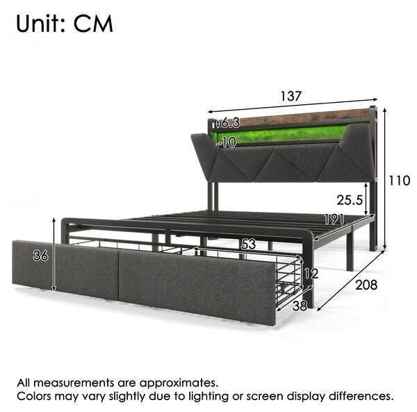Upholstered Double Bed with Smart LED Lighting, USB Type-C Charging, Bed Frame with Storage Headboard, Drawers, 208L x 137W x 110H cm, Grey Aosom UK