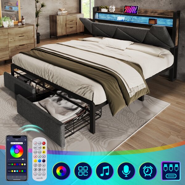 Upholstered Double Bed with Smart LED Lighting, USB Type-C Charging, Bed Frame with Storage Headboard, Drawers, 208L x 137W x 110H cm, Grey Aosom UK