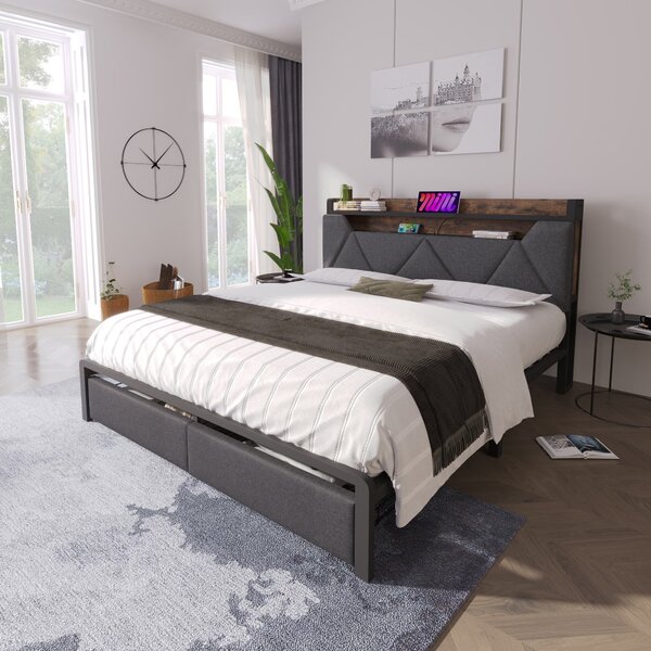 Upholstered Double Bed with Smart LED Lighting, USB Type-C Charging, Bed Frame with Storage Headboard, Drawers, 208L x 137W x 110H cm, Grey Aosom UK