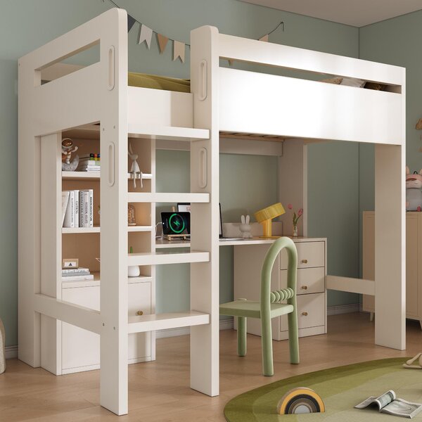 Kids' High Sleeper Loft Bed with Built-in Storage and Soft‑Close Drawers, Bunk Bed with USB/Type‑C Charging, 196L x 108W x 175H cm, White Aosom UK