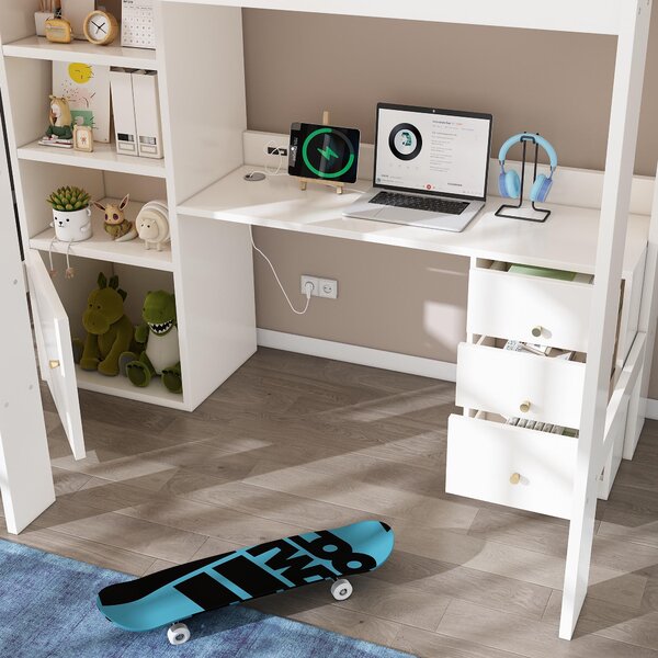 Kids' High Sleeper Loft Bed with Built-in Storage and Soft‑Close Drawers, Bunk Bed with USB/Type‑C Charging, 196L x 108W x 175H cm, White Aosom UK