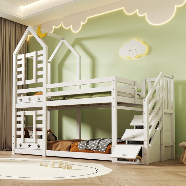 Cabin-Style Bunk Bed with Staircase Storage and Under-Bed Drawers, Stylish Bed Frame for Child's Room, 235L x 97W x 217H cm, White Aosom UK