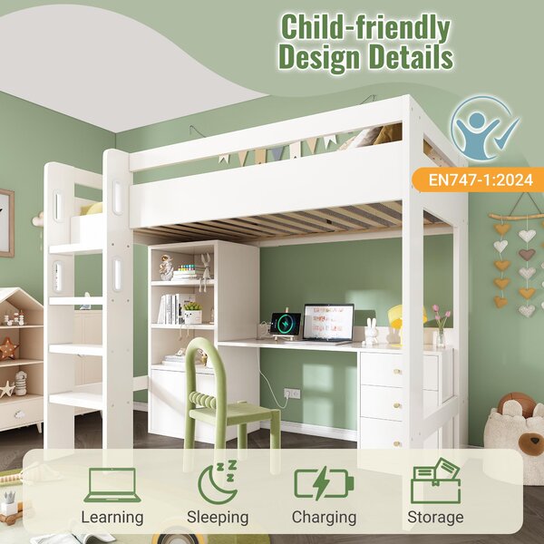 Kids' High Sleeper Loft Bed with Built-in Storage and Soft‑Close Drawers, Bunk Bed with USB/Type‑C Charging, 196L x 108W x 175H cm, White Aosom UK
